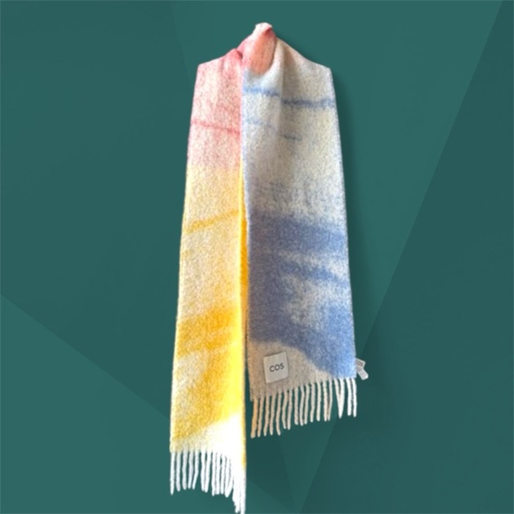 COS Yellow Blue Multicolor Wool Mohair Blend Fringe Chunky Scarf 11 x 87 - Picture 1 of 12